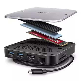 AXAGON HMC-UFO, hub USB 10Gbps, 2x USB-A, USB-C, HDMI 4k/60, RJ-45, slot M.2, SD/mSD, audio, PD 100W, cablu USB-C 65cm