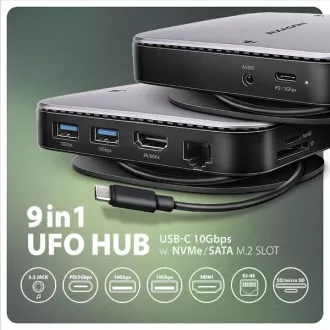 AXAGON HMC-UFO, hub USB 10Gbps, 2x USB-A, USB-C, HDMI 4k/60, RJ-45, slot M.2, SD/mSD, audio, PD 100W, cablu USB-C 65cm