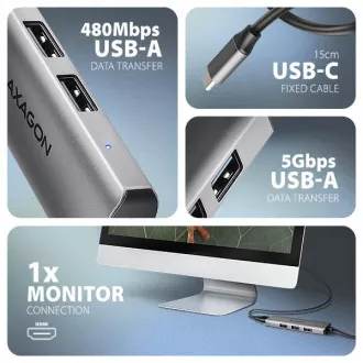 AXAGON HMC-H3A, hub USB 5Gbps, 3x USB-A, HDMI 4k/30Hz, cablu USB-C 15cm