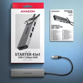 AXAGON HMC-H3A, hub USB 5Gbps, 3x USB-A, HDMI 4k/30Hz, cablu USB-C 15cm