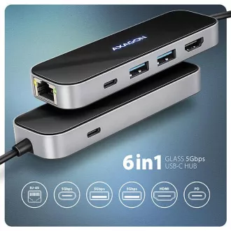 AXAGON HMC-6GLN, hub USB 5Gbps, 2x USB-A, USB-C, HDMI 4k/60Hz, RJ-45 GLAN, PD 100W, cablu USB-C 20cm