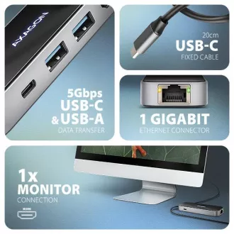 AXAGON HMC-6GLN, hub USB 5Gbps, 2x USB-A, USB-C, HDMI 4k/60Hz, RJ-45 GLAN, PD 100W, cablu USB-C 20cm