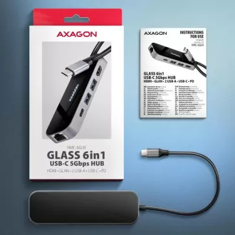 AXAGON HMC-6GLN, hub USB 5Gbps, 2x USB-A, USB-C, HDMI 4k/60Hz, RJ-45 GLAN, PD 100W, cablu USB-C 20cm