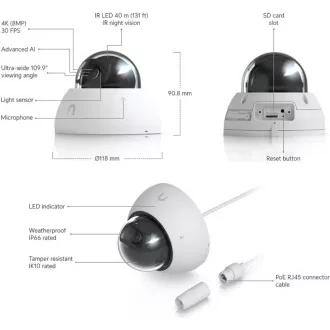 UBNT UVC-AI-Dome-W - Cameră PoE AI Dome, 8MP, albă