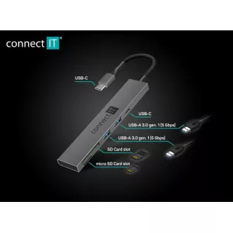 Hub CONNECT IT USB-C, 2x USB-A, 1x USB-C, 1x card SD, 1x card MicroSD, gri