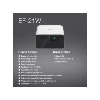 Proiector EPSON EF-21W, Full HD, laser, 5.000.000:1, USB 2.0, HDMI, Miracast, mufă de 3,5 mm, difuzor de 5 W Proiector EPSON EF-21W, Full HD, laser, 5.000.000:1, USB 2.0, HDMI, Miracast, mufă de 3,5 mm, difuzor de 5 W