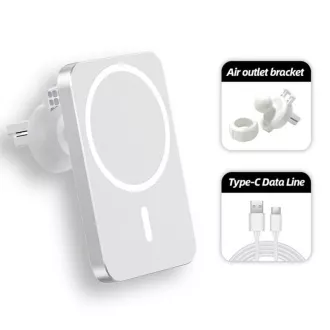 Încărcător wireless QI 1stCOOL 15W, magnetic, pentru mașină, compatibil MagSafe, alb
