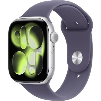 Carcasă Apple Watch Series 11 GPS 42mm din aluminiu argintiu cu curea sport mov cu aspect de ceață - S/M Carcasă Apple Watch Series 11 GPS 42mm din aluminiu argintiu cu curea sport mov cu aspect de ceață - S/M