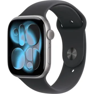 Carcasă din aluminiu gri spațial cu GPS de 46 mm pentru Apple Watch Series 11 cu curea sport neagră - M/L Carcasă din aluminiu gri spațial cu GPS de 46 mm pentru Apple Watch Series 11 cu curea sport neagră - M/L