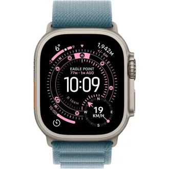 Carcasă din titan natural pentru Apple Watch Ultra 3 GPS + Cellular, 49 mm, cu buclă Alpine Loop albastru deschis - mărime mare