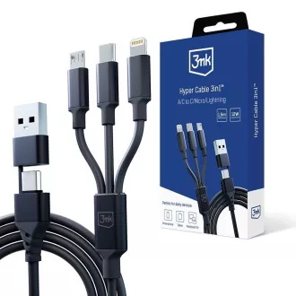 Cablu de încărcare 3mk - Hyper Cable 3in1 A/C la C/Micro/Lightning 1,5 m, negru