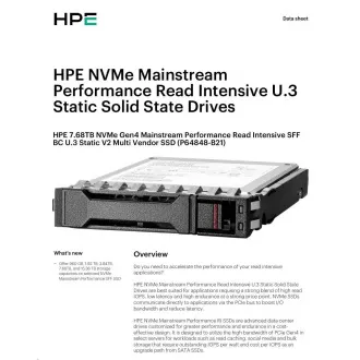SSD HPE NVMe Gen4 de 7,68 TB, performanță mainstream, citire intensivă, SFF BC U.3 Static V2 multi-furnizor (6200/3870 MBis)