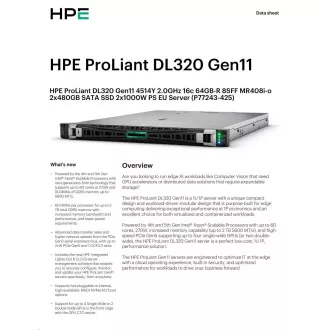 HPE PL DL320g11 4514Y (2.0/16C) 2x32G (p64706) 2x480G (P40497) MR408i-o 8SFF 2x1000W 2x1Gb Alegere inteligentă