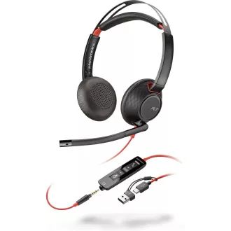 Căști Poly Blackwire 5220, mufă de 3,5 mm + adaptor USB-C/A, stereo