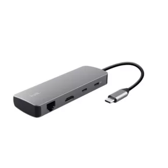 Stație de andocare TRUST DALYX USB-C, 8 în 1, HDMI, RJ45, 2xUSB-C, 2xUSB-A, card microSD/SD, gri