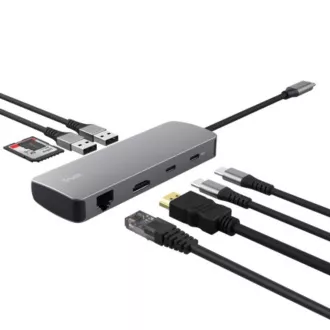 Stație de andocare TRUST DALYX USB-C, 8 în 1, HDMI, RJ45, 2xUSB-C, 2xUSB-A, card microSD/SD, gri
