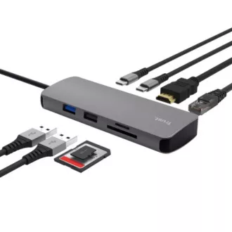Stație de andocare TRUST DALYX USB-C, 8 în 1, HDMI, RJ45, 2xUSB-C, 2xUSB-A, card microSD/SD, gri