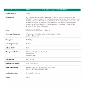 Comutator HPE Networking Instant On 8p Gigabit CL4 PoE 65W (fără ventilator) 1830 (JL811A)