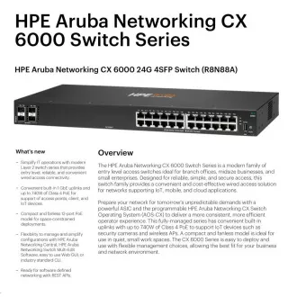 Switch HPE Aruba Networking CX 6000 24G 4SFP R8N88A REÎNNOIRE
