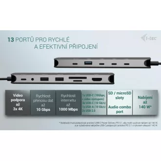 i-tec USB-C Metal Nano Dock cu 3 porturi de afișare, 2 porturi HDMI, 1 porturi video USB-C, alimentare 140W