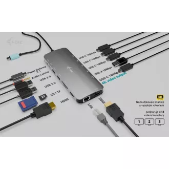 i-tec USB-C Metal Nano Dock cu 3 porturi de afișare, 2 porturi HDMI, 1 porturi video USB-C, alimentare 140W