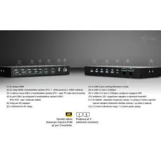 Stație de andocare KVM i-tec USB-C pentru 3 gazde, afișaj dual, alimentare 1x 92W/2x 65W