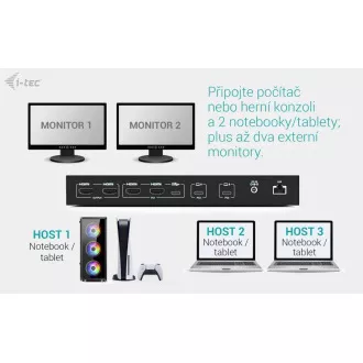 Stație de andocare KVM i-tec USB-C pentru 3 gazde, afișaj dual, alimentare 1x 92W/2x 65W