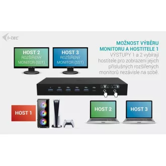 Stație de andocare KVM i-tec USB-C pentru 3 gazde, afișaj dual, alimentare 1x 92W/2x 65W