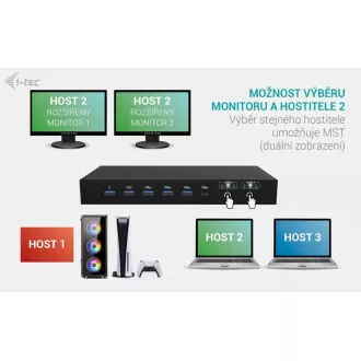 Stație de andocare KVM i-tec USB-C pentru 3 gazde, afișaj dual, alimentare 1x 92W/2x 65W