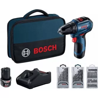 BOSCH GSR 12V-30, șurubelniță de găurit fără fir, 0 - 420 / 0 - 1.600 rpm, 8 mm, set de biți și burghie, geantă BOSCH GSR 12V-30, șurubelniță de găurit fără fir, 0 - 420 / 0 - 1.600 rpm, 8 mm, set de biți și burghie, geantă