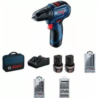 BOSCH GSR 12V-30, șurubelniță de găurit fără fir, 0 - 420 / 0 - 1.600 rpm, 8 mm, set de biți și burghie, geantă BOSCH GSR 12V-30, șurubelniță de găurit fără fir, 0 - 420 / 0 - 1.600 rpm, 8 mm, set de biți și burghie, geantă