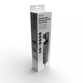 Prize portabile de birou Solight 3z + USB A+C, 2m, negru, încărcător rapid USB 20W PD