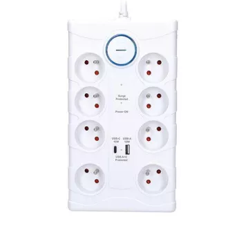 Protecție la supratensiune Solight, 8z, USB A+C, 2m, alb Protecție la supratensiune Solight, 8z, USB A+C, 2m, alb