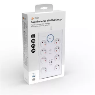 Protecție la supratensiune Solight, 8z, USB A+C, 2m, alb Protecție la supratensiune Solight, 8z, USB A+C, 2m, alb