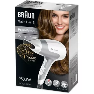 Uscător de păr Braun Satin Hair 5 HD580, 2500 W, 2 viteze, 3 temperaturi, bucla de agățat, alb