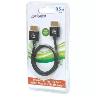 Cablu HDMI MANHATTAN ultra-subțire de mare viteză cu Ethernet, HEC, ARC, 3D, 4K, HDMI mascul la mascul, ecranat, negru, 0,5 m
