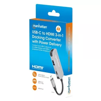 Stație de andocare MANHATTAN USB-C 3 în 1, 1xHDMI, 1xUSB-C, 1xUSB, gri