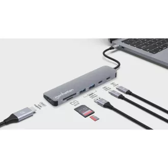 Stație de andocare MANHATTAN USB-C 7 în 1, 1xHDMI, 2xUSB-C, 2xUSB, cititor de carduri SD, gri Stație de andocare MANHATTAN USB-C 7 în 1, 1xHDMI, 2xUSB-C, 2xUSB, cititor de carduri SD, gri