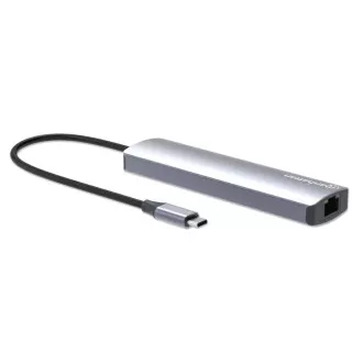 Stație de andocare MANHATTAN USB-C 6 în 1, 1xHDMI, 1xUSB-C, 3xUSB, 1xRJ45, gri