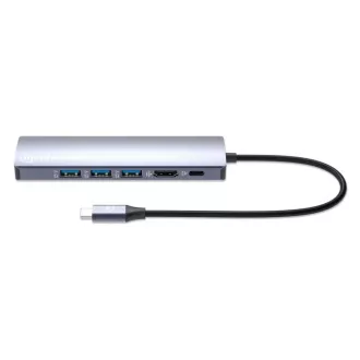 Stație de andocare MANHATTAN USB-C 6 în 1, 1xHDMI, 1xUSB-C, 3xUSB, 1xRJ45, gri