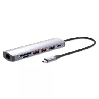 Stație de andocare MANHATTAN USB-C 7 în 1, 1xHDMI, 1xUSB-C, 2xUSB, 1xRJ45, cititor de carduri SD, gri