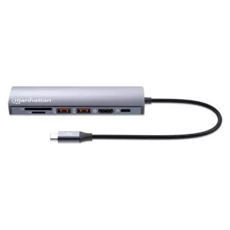 Stație de andocare MANHATTAN USB-C 7 în 1, 1xHDMI, 1xUSB-C, 2xUSB, 1xRJ45, cititor de carduri SD, gri