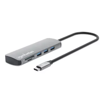 Stație de andocare MANHATTAN USB-C 9 în 1, 1xHDMI, 2xUSB-C, 3xUSB, 1xRJ45, cititor de carduri SD, gri