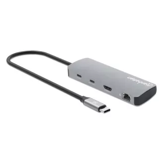 Stație de andocare MANHATTAN USB-C 9 în 1, 1xHDMI, 2xUSB-C, 3xUSB, 1xRJ45, cititor de carduri SD, gri