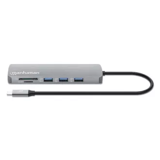 Stație de andocare MANHATTAN USB-C 9 în 1, 1xHDMI, 2xUSB-C, 3xUSB, 1xRJ45, cititor de carduri SD, gri