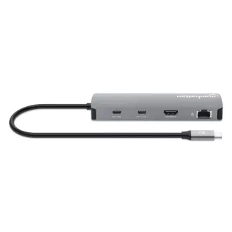 Stație de andocare MANHATTAN USB-C 9 în 1, 1xHDMI, 2xUSB-C, 3xUSB, 1xRJ45, cititor de carduri SD, gri