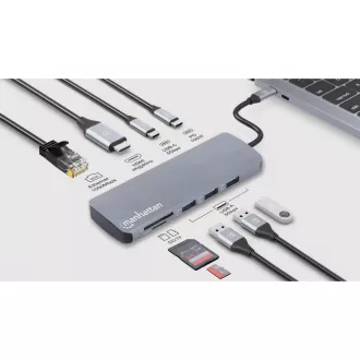 Stație de andocare MANHATTAN USB-C 9 în 1, 1xHDMI, 2xUSB-C, 3xUSB, 1xRJ45, cititor de carduri SD, gri