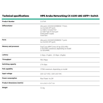 Comutator HPE Aruba Networking CX6100 48G 4SFP+ REÎNNOIT JL676A