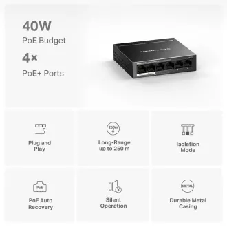 Comutator MERCUSYS MS106LP (6x100Mb/s, 4xPoE+, 40W, fără ventilator)