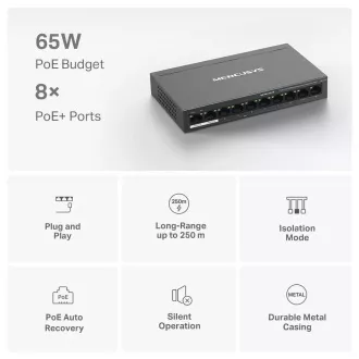 Comutator MERCUSYS MS110P (10x100Mb/s, 8xPoE+, 65W, fără ventilator)